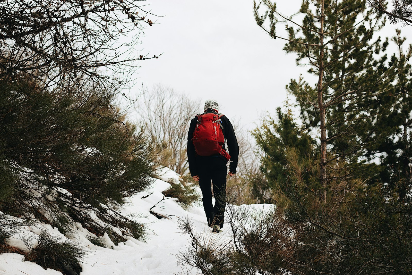Solo hiker walking a marked mountain trail with a day pack and safety gear.