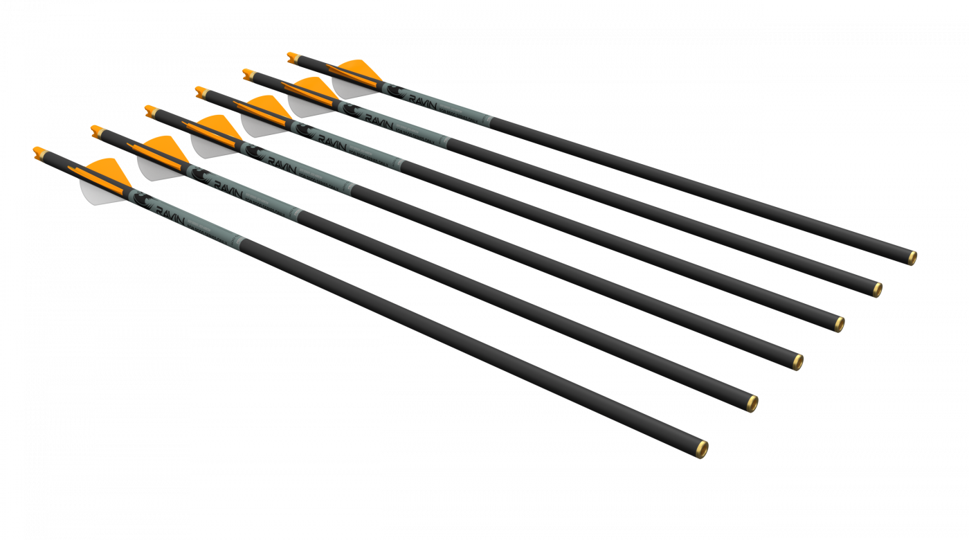 Ravin .003 R500 Series carbon crossbow arrows with offset vanes and R500-specific nocks.