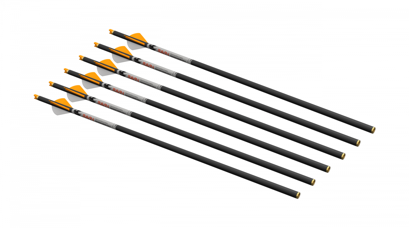 Ravin .001 R500 Series carbon crossbow arrows with offset vanes and clip-on nocks