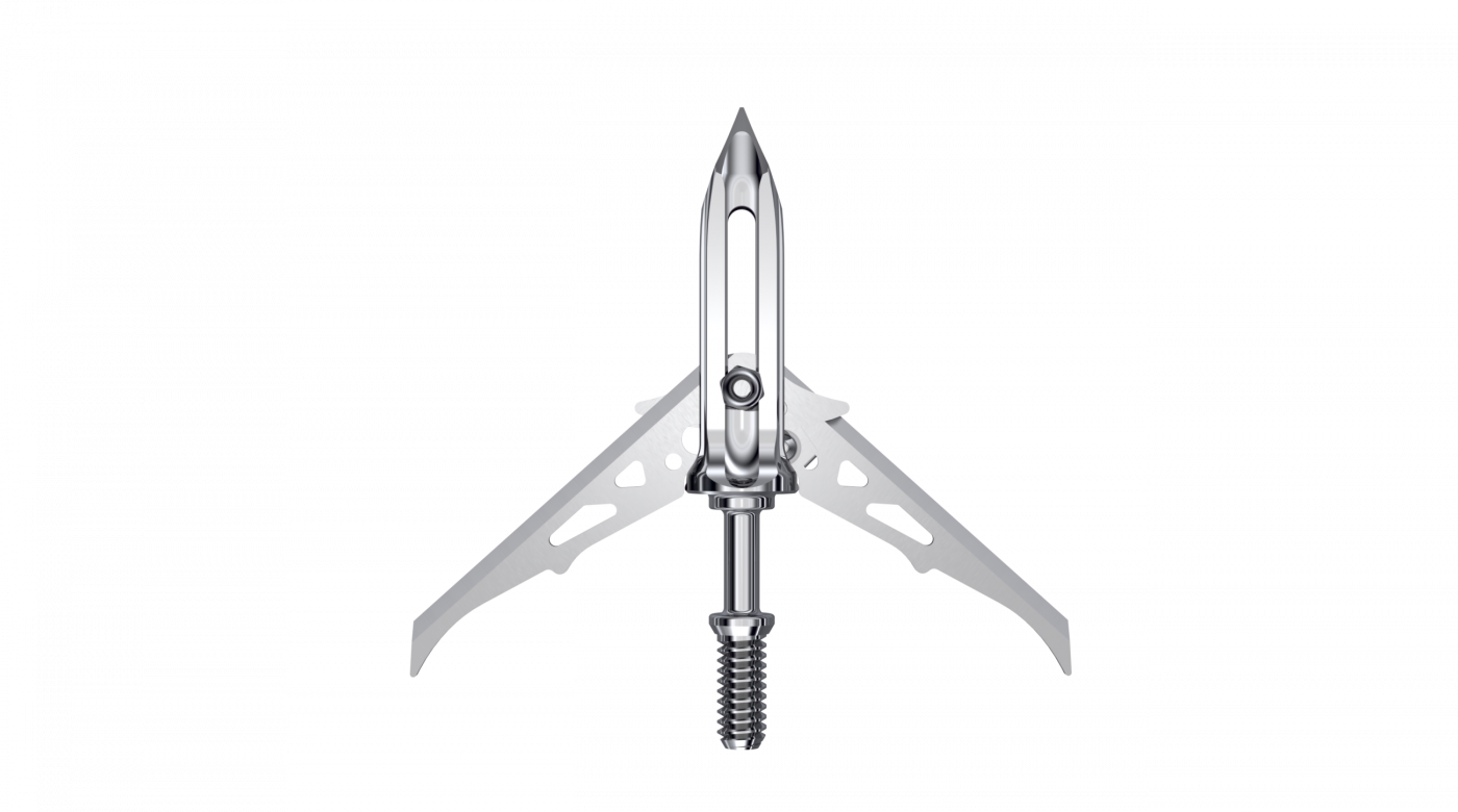 Ravin Steel 100-grain mechanical broadhead with rear-deploying blades opened to show the 2-inch cutting diameter