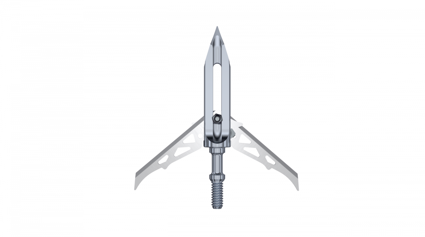 Ravin Titanium mechanical broadhead with rear-deploying blades open for a 2-inch cutting diameter