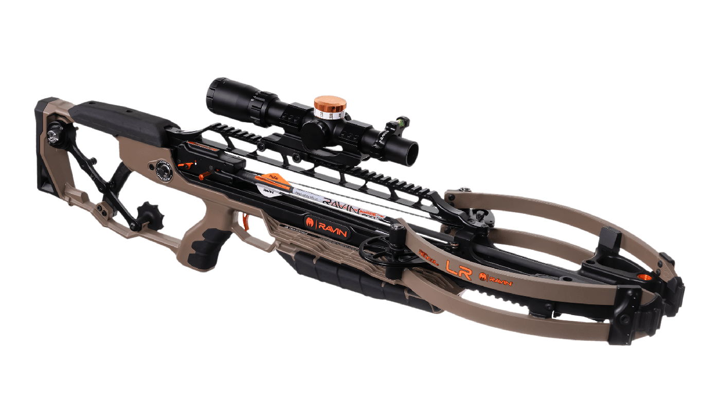 Ravin LR long-range crossbow with scope set up for target practice and hunting.