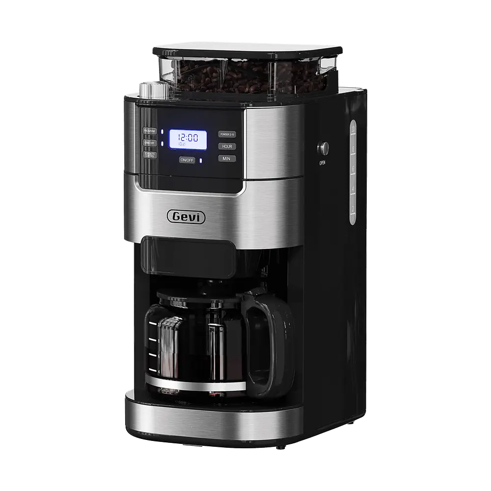 GEVI DCMB0 10-cup coffee maker with built-in grinder on a cabin kitchen counter