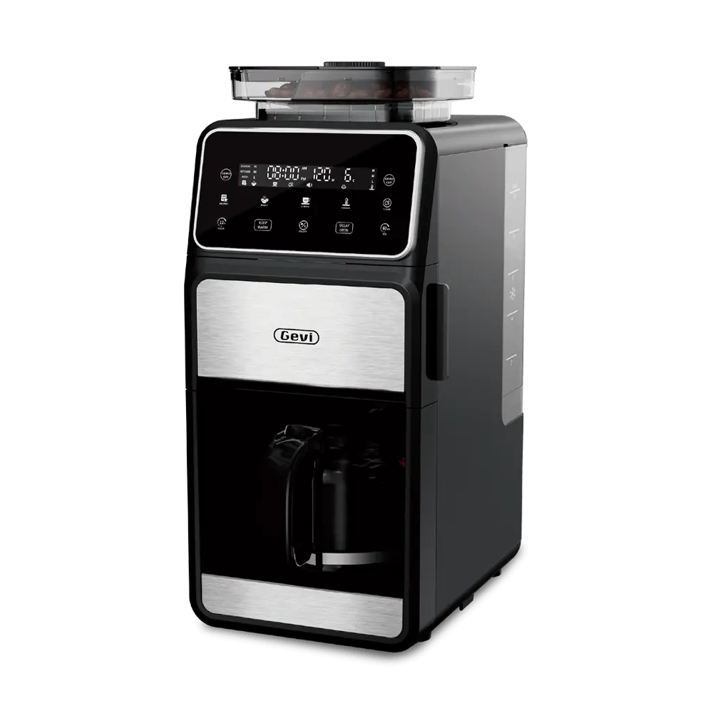GEVI DCMF0 10-cup drip coffee maker with built-in grinder on a kitchen counter