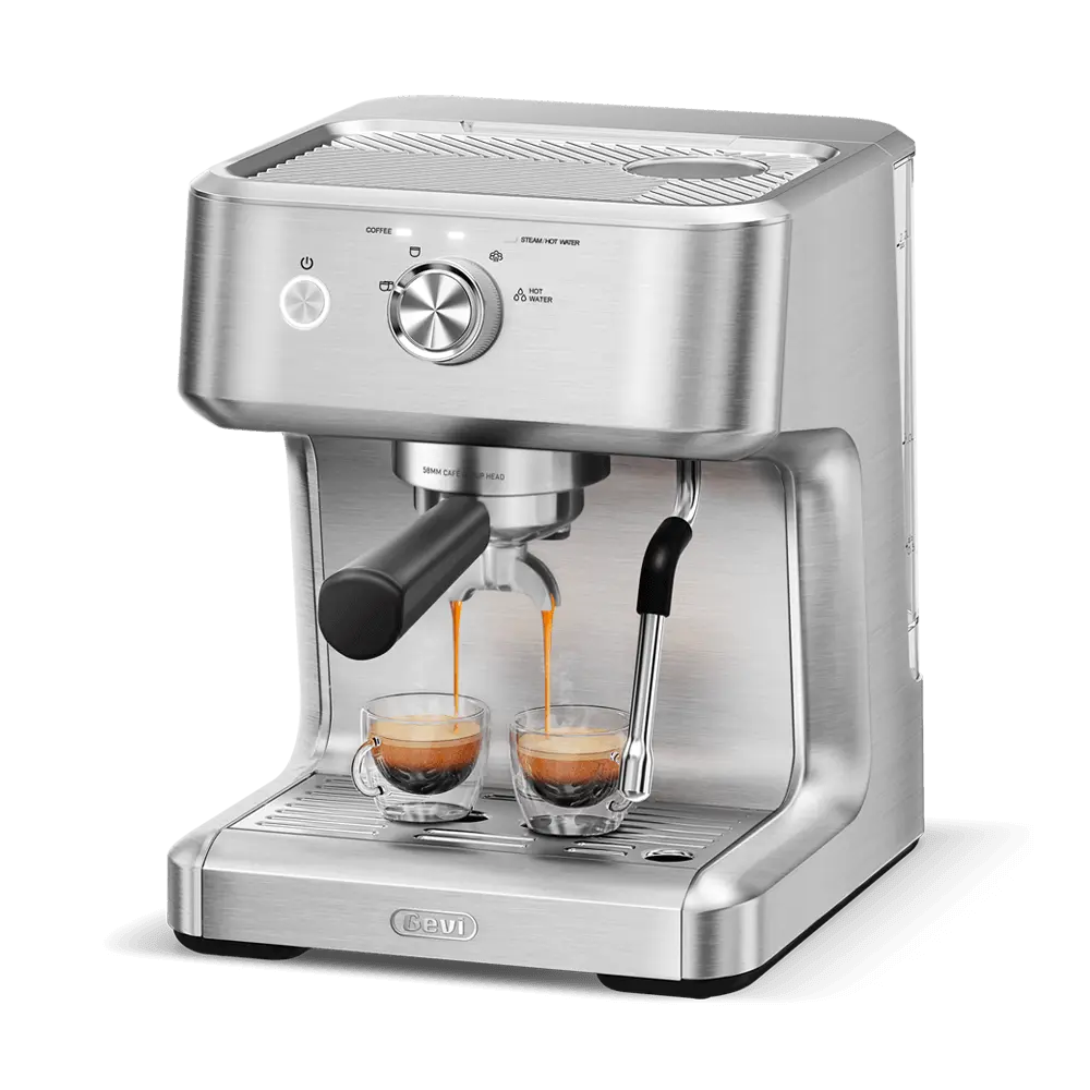 GEVI Ezbru 1000 ECMC0 espresso machine set up on a counter for home, cabin, or powered RV coffee