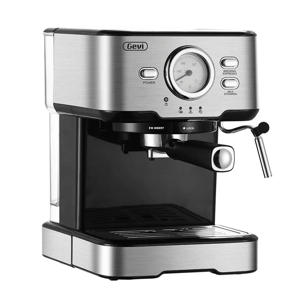 GEVI ECMD0 espresso machine with portafilter, temperature dial, and steam wand on a kitchen counter