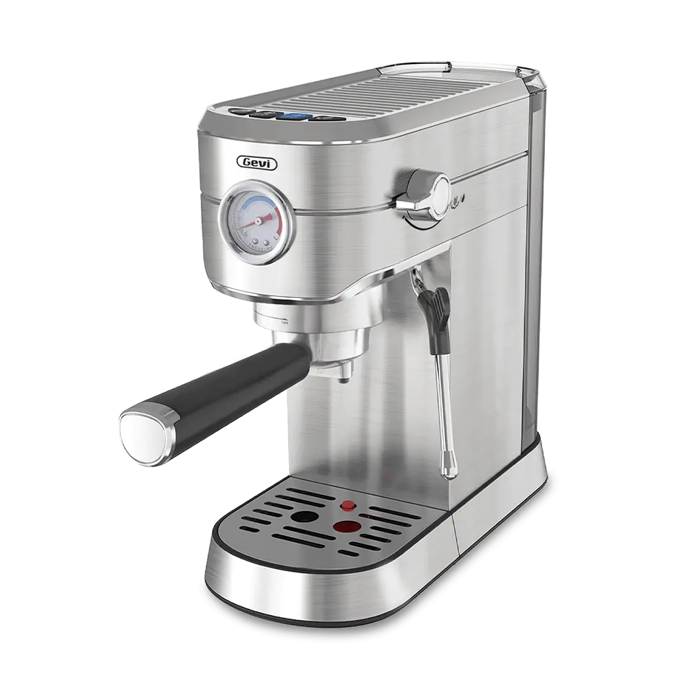 GEVI ECMG0 compact espresso machine with portafilter and milk frother on a small kitchen counter
