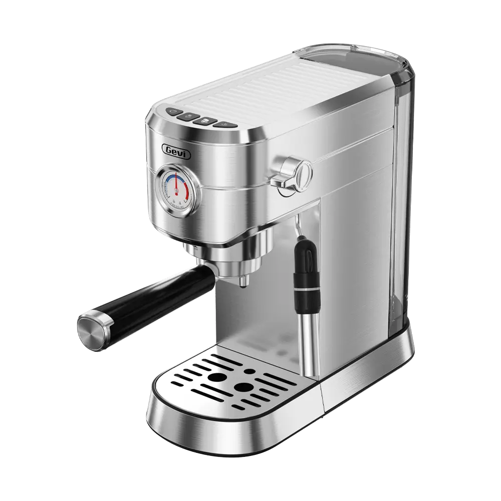 GEVI ECMA0 compact espresso machine with milk frother set up on a small kitchen counter