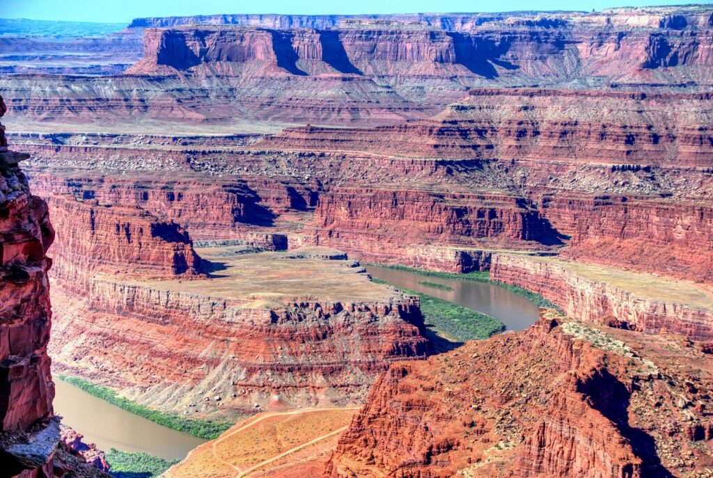 Tent campsite overlooking red-rock canyon country at Dead Horse Point State Park near Moab, Utah