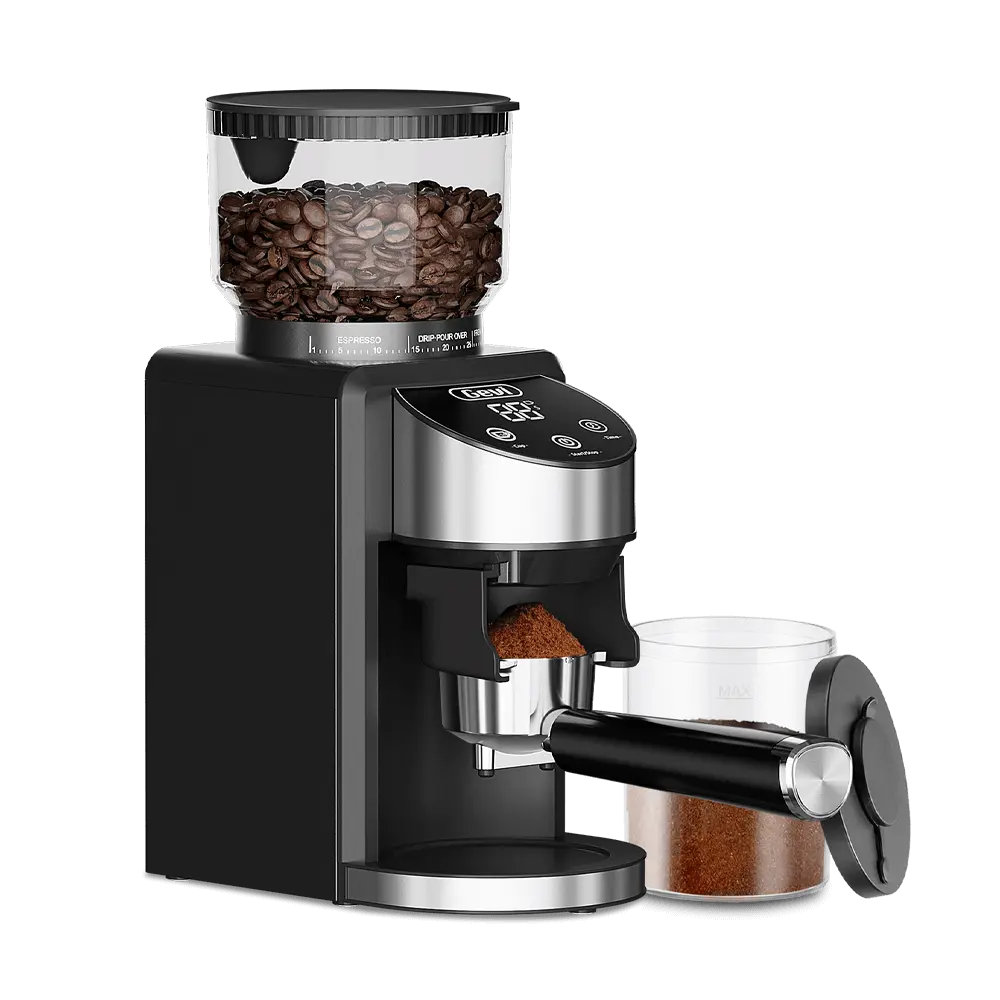 Gevi CGA0 electric burr coffee grinder on a counter ready to grind whole coffee beans