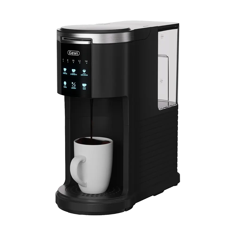 GEVI EzPod SSCMA0 compact single-serve coffee maker set up on a small cabin or RV counter