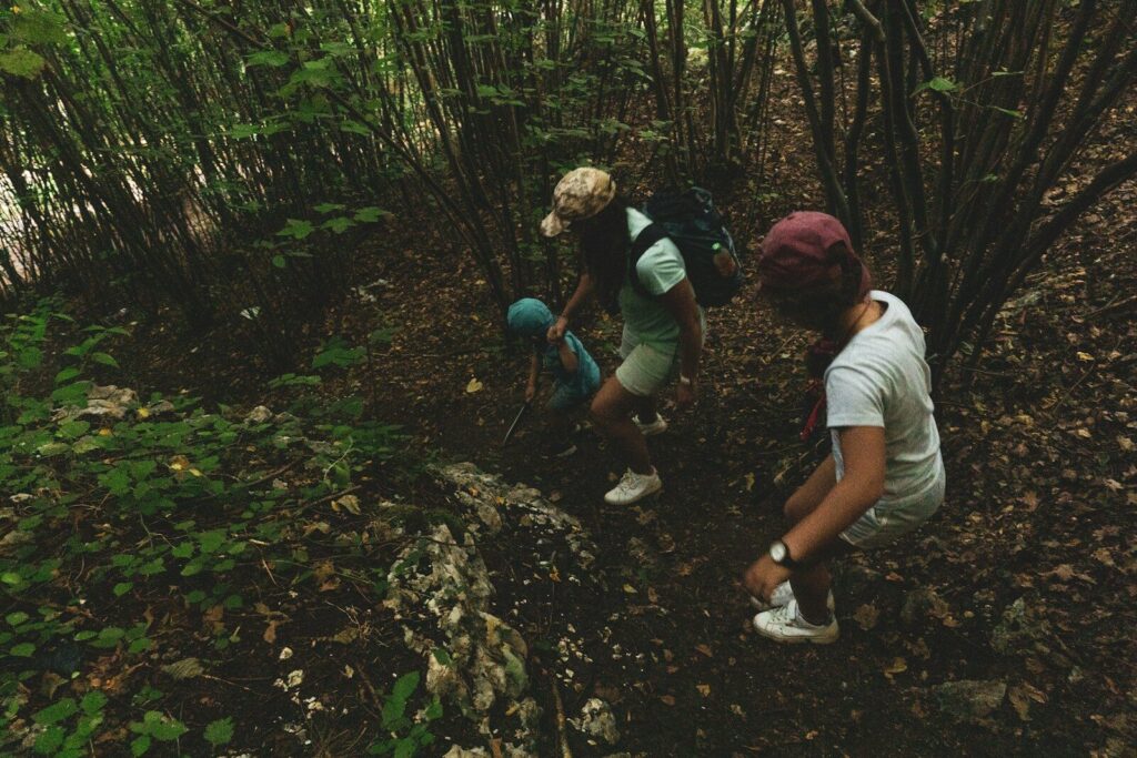 Hiker checking clothing for ticks after walking through a wooded trail with tall grass