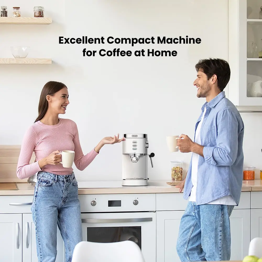 Compact GEVI ECME0 espresso machine with portafilter and steam wand on a counter