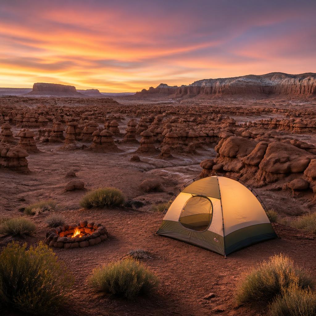 Tent campsite among red sandstone formations at Goblin Valley State Park in Utah